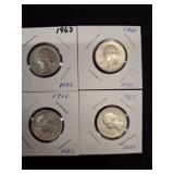 Four Washington Quarters, 1963 and 1964, MS-65