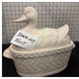 White Ceramic Duck on Nest Dish