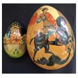2 PC HAND PAINTED LACQUERED WOODEN RUSSIAN EGS