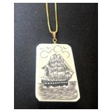 Scrimshaw Pendant Depicting a Ship Scene on a .925
