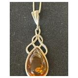 .925 Sterling Silver Amber Pendant with 18-Inch Ch