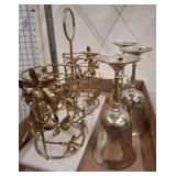 Metallic Wine Holder and Three Silver Goblets