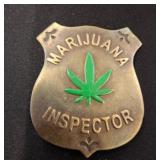 Marijuana Inspector Brass Badge with Green Leaf