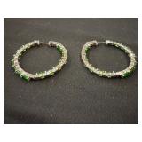 Silver Hoop Earrings with Green Stones