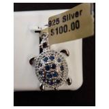 Sterling Silver Turtle Pendant with Blue Stones