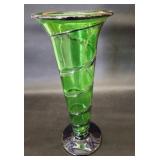 Green Hand-Blown Glass Vase With Spiral Design