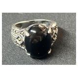 Sterling Silver Ring with Black Oval Stone, Size 9