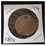 1854 US LARGE CENT - DRILLED