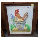 Framed Chicken-Themed Watercolor, 18x22in