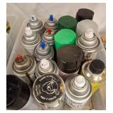 Plastic Bin Containing Assorted Spray Paint Cans