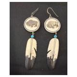 Buffalo Motif Feather Earrings with Turquoise Bead