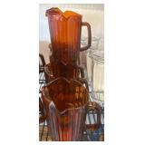Amber-Colored Ribbed Glass Pitcher Set