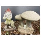 Concrete Garden Figurines, Fireman & Mushrooms