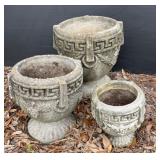 Three Concrete Greek Key Planters 12ï¿½16 in biggest