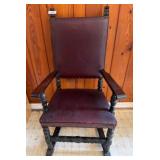 Leather-Upholstered Carved Wood Armchair