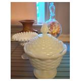 Milk Glass Pieces and Roseville Pottery Vase