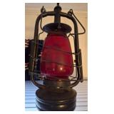 Red Glass Lantern with Metal Frame