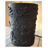 Black Decorative Vase with Crane Motif Relief cast