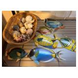 Metal Fish Sculptures and Sea Shell Basket