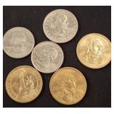 6 U.S. Dollar Coins in Mixed Metals