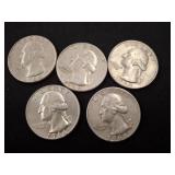 Five 1964 Washington Silver Quarters