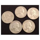 Five U.S. Washington Silver Quarters (1960s)