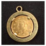 1853 Gold $1 Coin Pendant with Gold Circular Mount