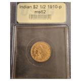 1910 Indian $2.5 Gold Coin MS62 by USCG