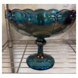 Iridescent Blue Glass Pedestal Compote Bowl