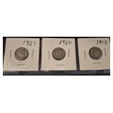 Three Mercury Dimes: 1918, 1920, 1927