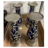 4 Silver-Tone and Blue Glass Vases