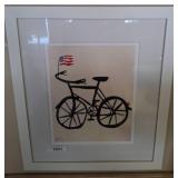 Framed Bicycle Artwork with Flag, Signed