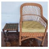 Wicker Armchair with Cushion and Woven Stool