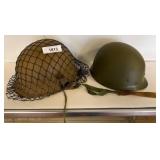 Two Military-Style Helmets with Accessories