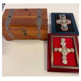 Wooden Chest and Framed Beaded Crosses