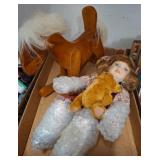 Porcelain Doll and Wooden Rocking Horse Set