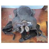 Worn Leather Horse Saddle with Straps