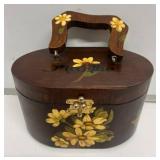 Wooden Floral Handled Box with Hinged Lid