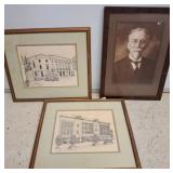 Framed Portrait and Two Building Prints
