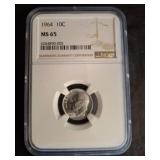 1964 NGC Graded Roosevelt Dime MS 65