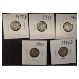 Five Mercury Dimes, 1942-1945