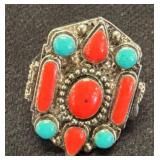 Silver Ring with Coral and Turquoise Inlay