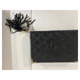 Quilted Black Leather Tassel Zippered Organizer