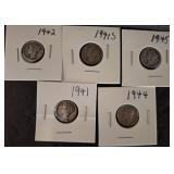 1941-1945 Mercury Dimes Lot of Five Coins