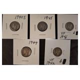 5 Mercury Dimes, 1940s
