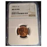 1955 S Lincoln Cent MS 65 RD in NGC Holder