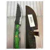 Damascus Style Knife with Green Handle & Sheath