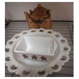 Ceramic Teapot and Milk Glass Dishes