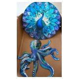 Peacock and Octopus Artwork on 8in Diameter Panel