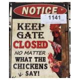 Metal Sign With Chicken-Themed Warning Text